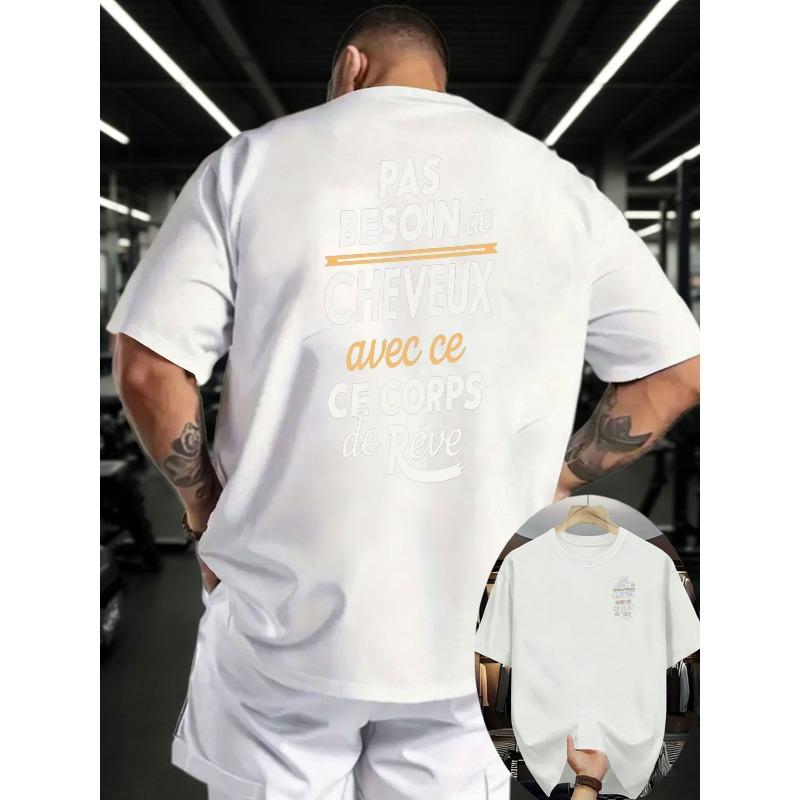 European Size Men'S Fitness Loose Oversize White Short-Sleeved T-Shirt, French Print on The Back, Same Style As Muscular Men in The Gym