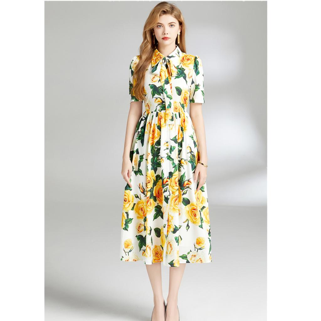 Casual Shirt Dress Women's Lapel Rose Printed Single Breasted Lace Up Belt Short Sleeve Midi Long Summer Dress