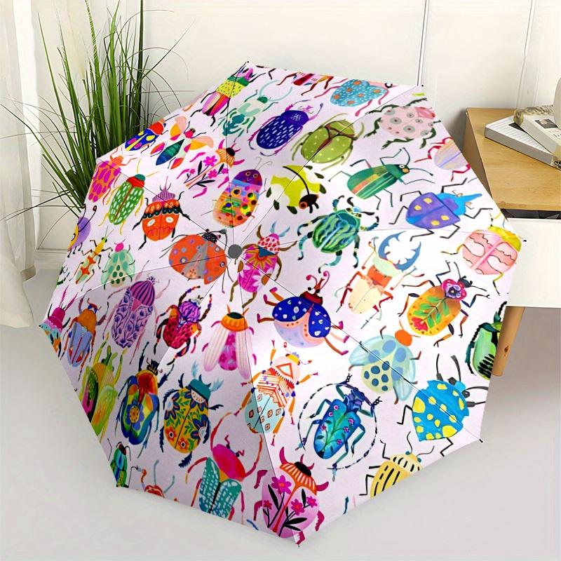 1pc Colorful Beetle Print Folding Umbrella With Excellent UV Protection, 8 Ribs Casual Durable Lightweight Portable Travelling Umbrella For