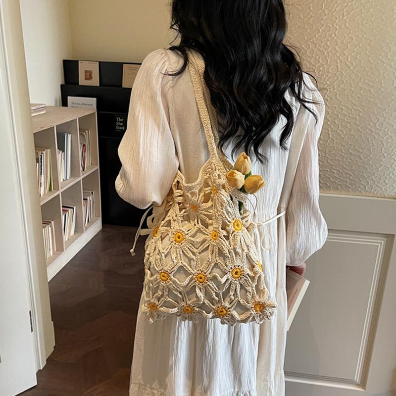 Yogodlns Neue vielseitige gewebte Stroh-Umhängetasche für Damen, handgefertigte gewebte Tasche mit Blumenmuster und Hohlmuster für Damen, Strandtasche für den Urlaub am Meer