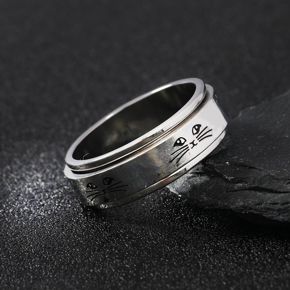 Rotatable Metal Cat Face Ring For Women Men Silver Color Stainless Steel Ring Punk Gothic Simple Accessories Kitten Jewelry Gift