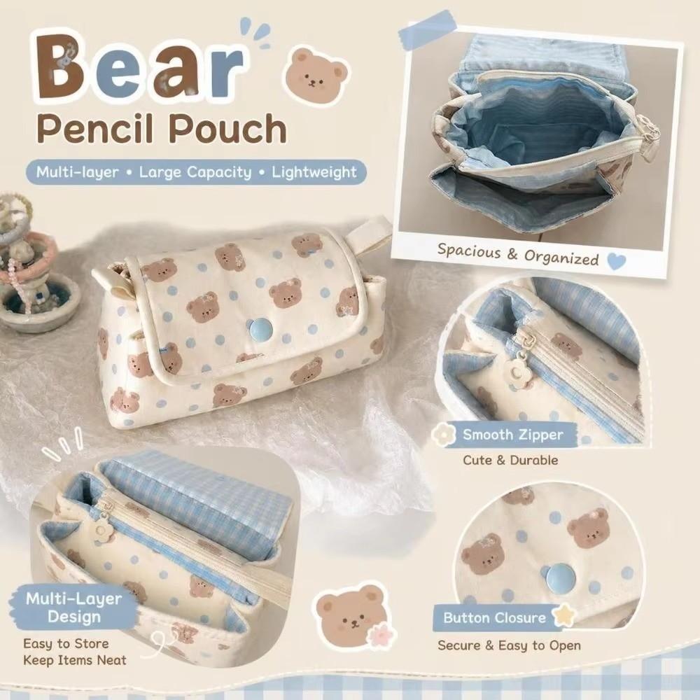 Bear Printed Pencil Pouch Multi-Layer Pencil Case Stationery Bag School Supplies