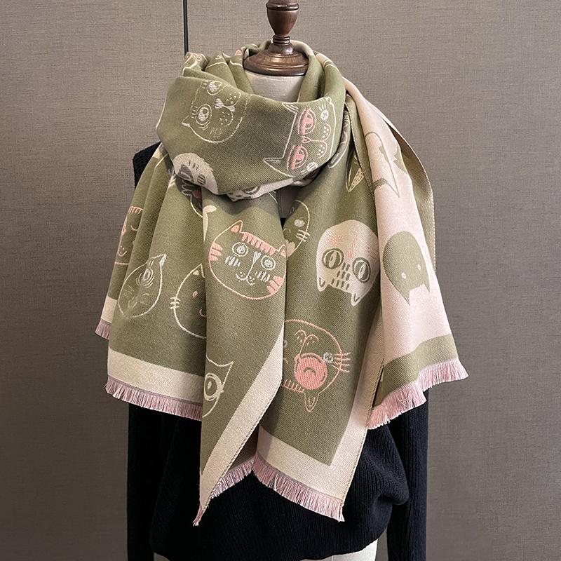 Autumn and Winter Travel Warm Cashmere Shawl Scarf Fashion Women Cat Print Pashmina Blanket Wraps Female Cute Poncho Bufanda