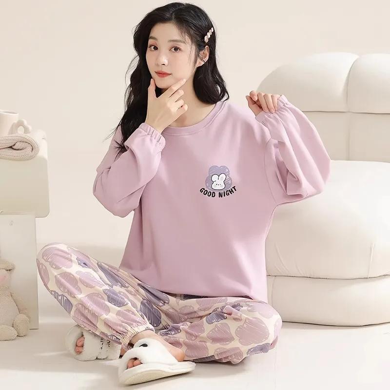 Lente en Herfst Nieuwe Dames Pyjama Huispak Set Meisjes Lange Mouwen Lange Broek Eenvoudig Ontspanning Grote Maat Huispak Set