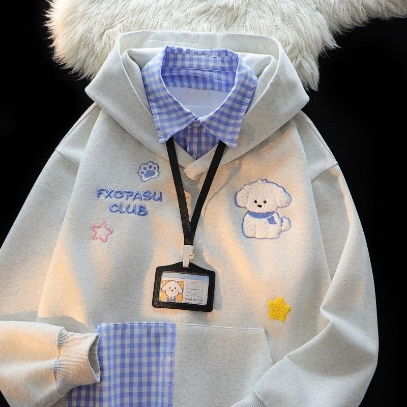 

Женское худи с вышивкой собаки, имитация двух частей, американское синее, в клетку, с лацканами, с капюшоном, осенний свободный универсальный женский топ XL светло-серый