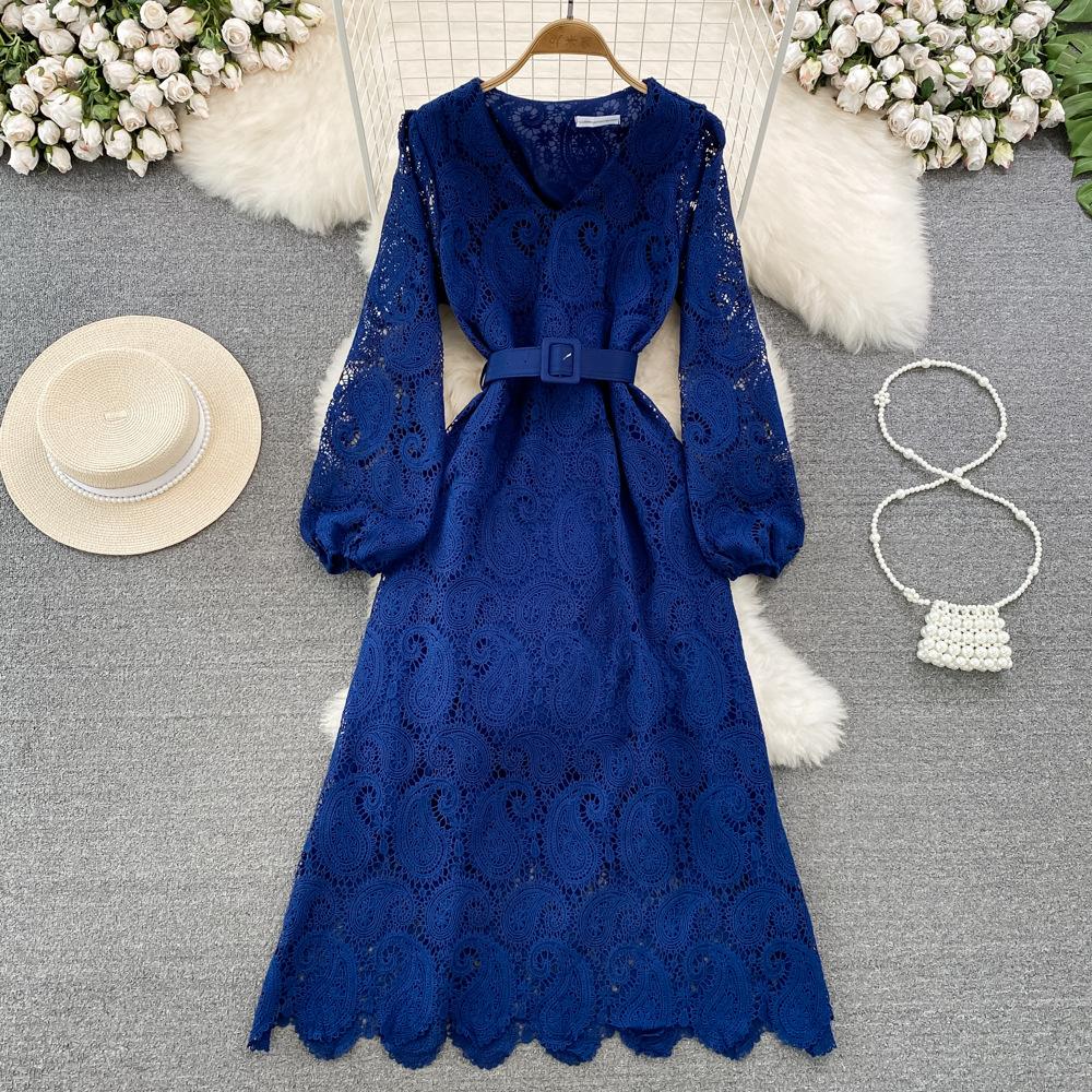 Spring Autumn Red/Yellow/Purple/Blue Hollow Out Embroidered Long Dress Women Vintage Lace Puff Sleeve Party Maxi Vestidos