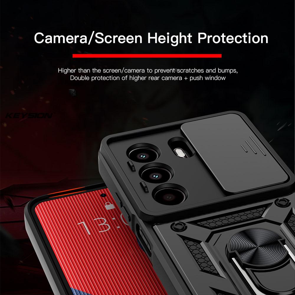 KEYSION Nárazuvzdorné pouzdro Armor pro Itel Power 70 s posuvným krytem objektivu fotoaparátu, kroužkem pro ochranu objektivu, stojánkem a zadním krytem telefonu pro Itel Power 70 4G