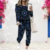 Women Plus Size Blue Printed Round Neck Long Sleeve Two Piece Pants Set Cuffed Top Cuffed Pants With Pockets