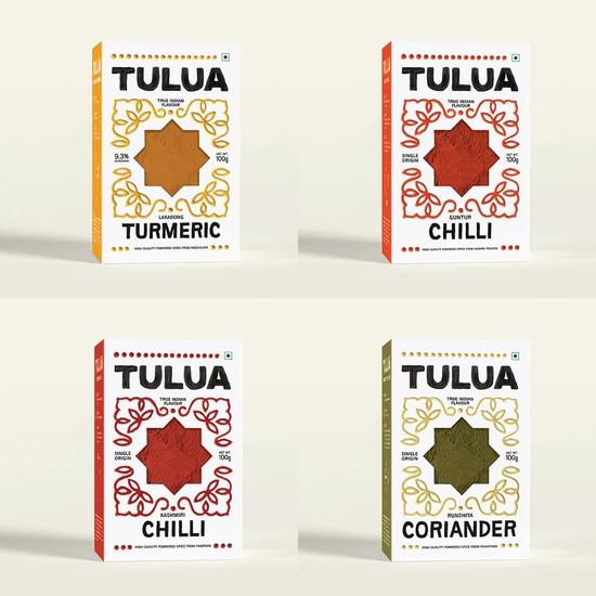 Tulua Ground Spices Masala Combo Pack of 4 | Lakadong Turmeric Powder, Guntur Chilli Powder, Kashmiri Chilli Powder, Coriander Powder
