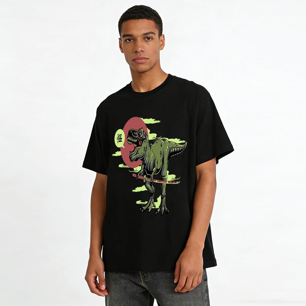 Fierce Sword-Wielding T-Rex Graphic Print Short Sleeve T-Shirt Pure Cotton T-shirt
