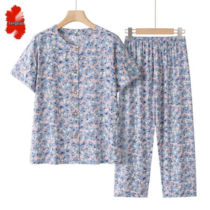 Elderly Women's Summer Cotton Short-Sleeve Two-Piece Set