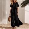 Women's Beige Short Sleeve Top and Wide Leg Pants Two Piece Set with Asymmetrical Pleat Detail