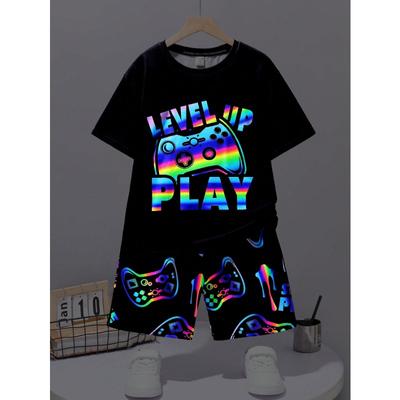 Tween Boys' Casual And Trendy Night Light Game Console Printed Short Sleeve T-Shirt And Shorts Knitted Set
