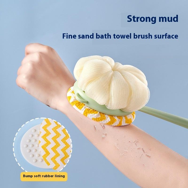 Dual-sided bath brush with long curved handle. 2-in-1 velvet and sponge design, easy for back washing, gentle exfoliating