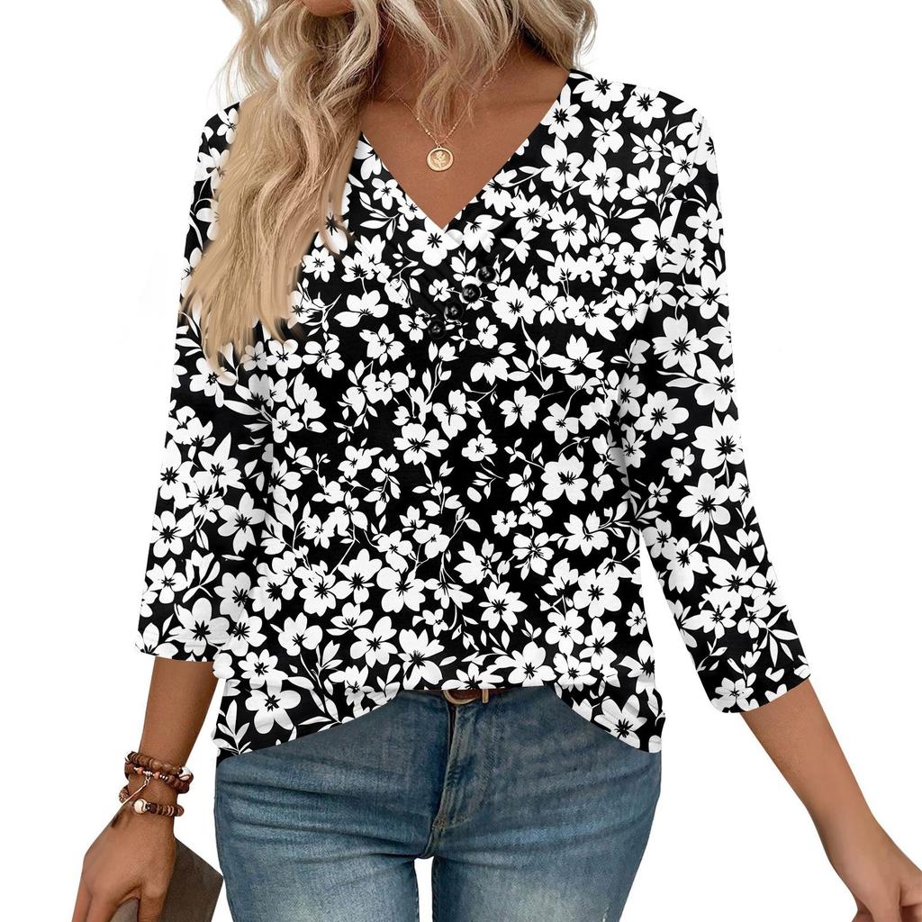 Women's Print Top Button-down V-neck T-shirt 3/4 Sleeve Loose Fashion Top