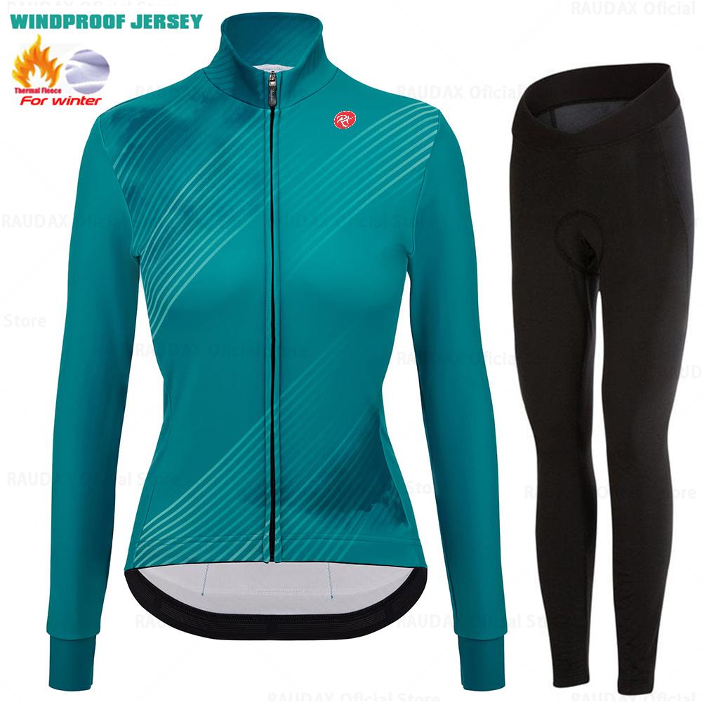 2025 Raudax Women Long Sleeve Jersey Pure Dye Coral Winter Cycling Clothing Outdoor Riding MTB Ropa Ciclismo Velveteen Bike Set