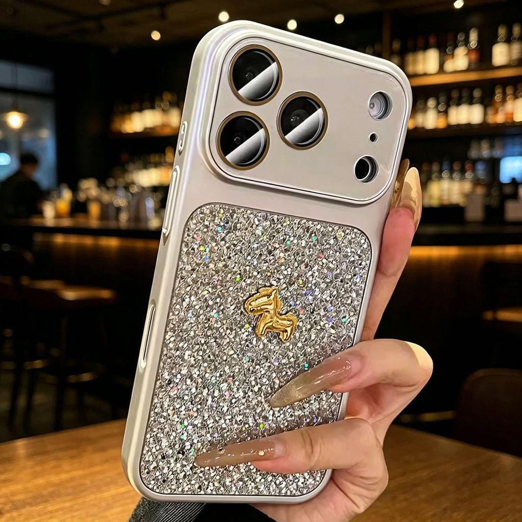 Luxurious Glitter Diamond Pattern Case for Apple 17ProMax, 16Pro (Little Horse), 14 Couple, and 15Pro.