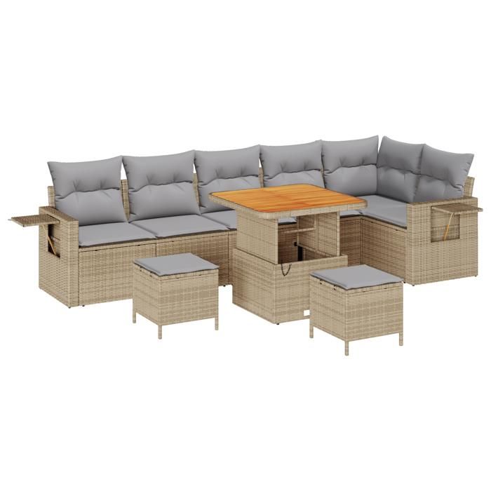 Ensemble de Canapé de Jardin 9 pièces avec Coussins Beige Rattan Poly Acacia, Ensemble de Salle à Manger de Jardin 3 pièces 3361762