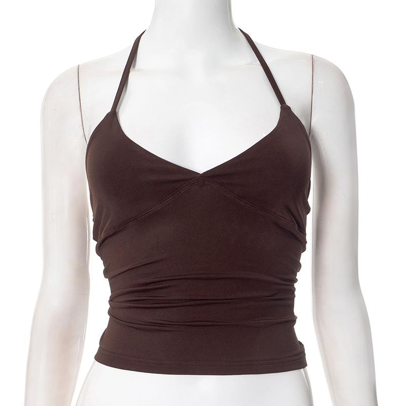 

2025 Summer New Hanging Neck V-Neck Backless Vest Hottie Girls Camisole Bottom Top Sexy Pure Desire Wind Sling Y2K L коричневый
