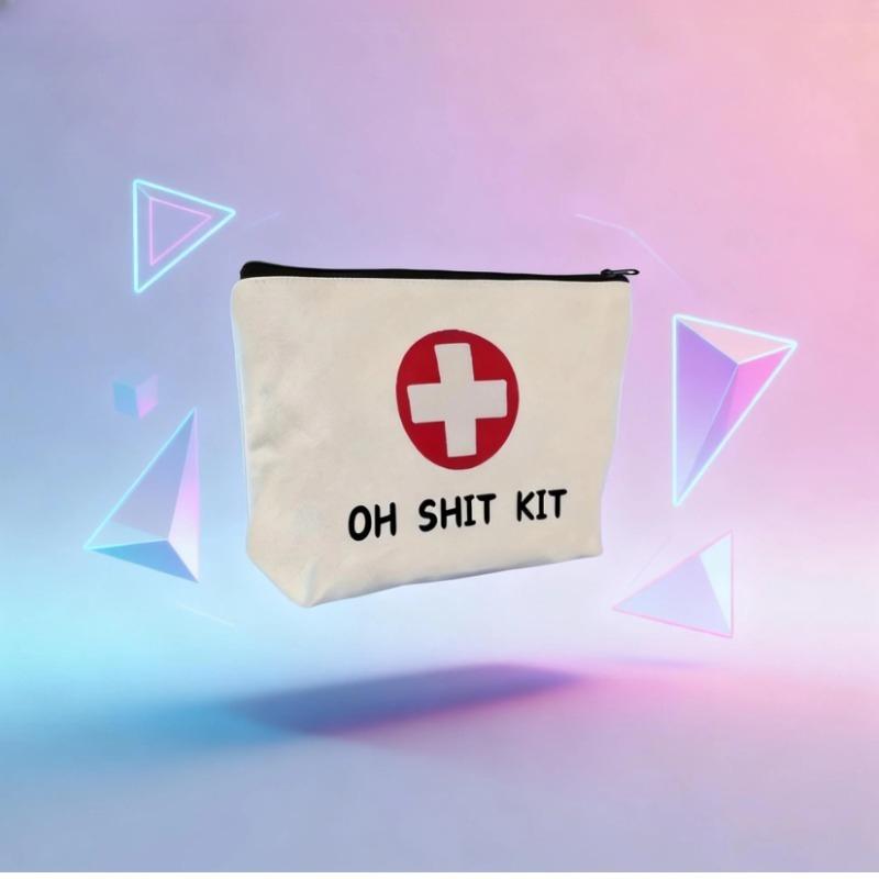 1PC Canvas "OH SHIT KIT" First Aid Pouch - Unisex Red/Natural Emergency Travel Toiletry Bag