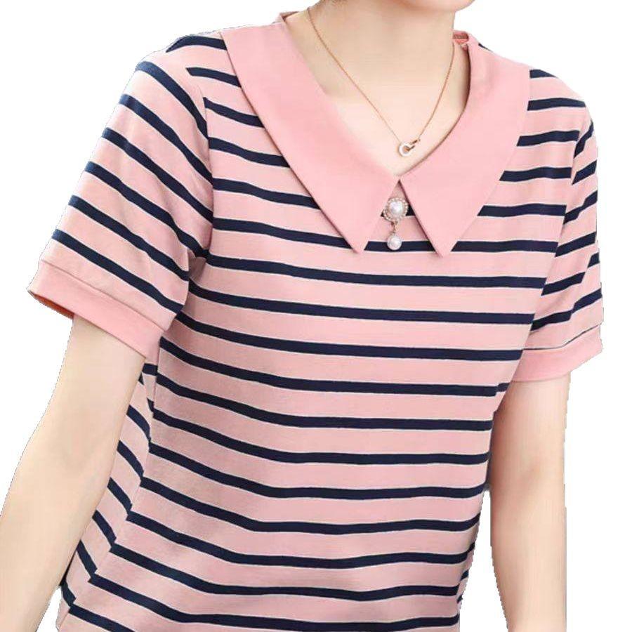 Summer Striped Short-sleeved T-shirt Women's 2025 New Middle-aged Women's Large-size Undershirt Lapel Loose Top