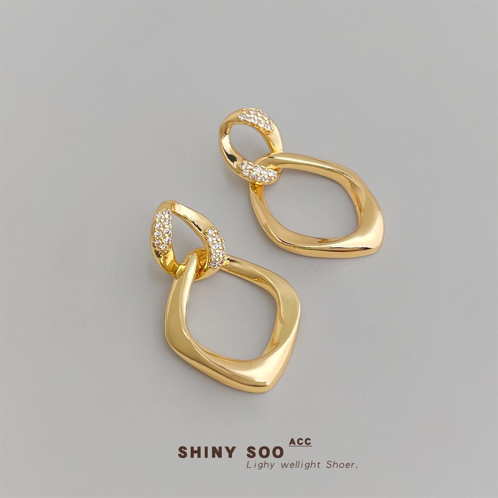 Heavy Industry Silver Needle Micro-inlaid Zircon Double Layer Three-dimensional Geometric Hollow Earrings Earrings