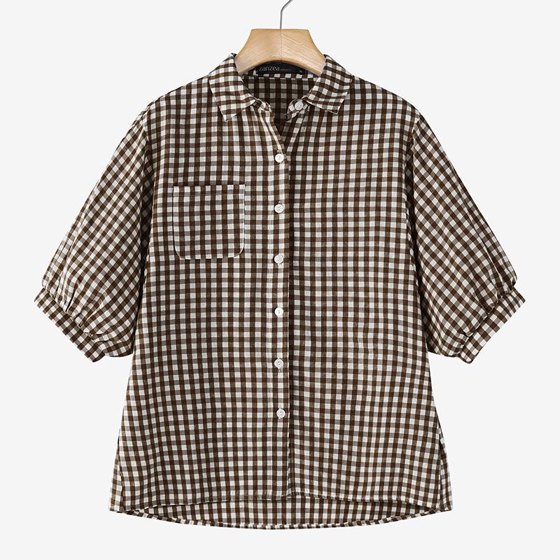 ZANZEA Women Casual Turn Down Collar Grid Print Loose Half Sleeve Blouse