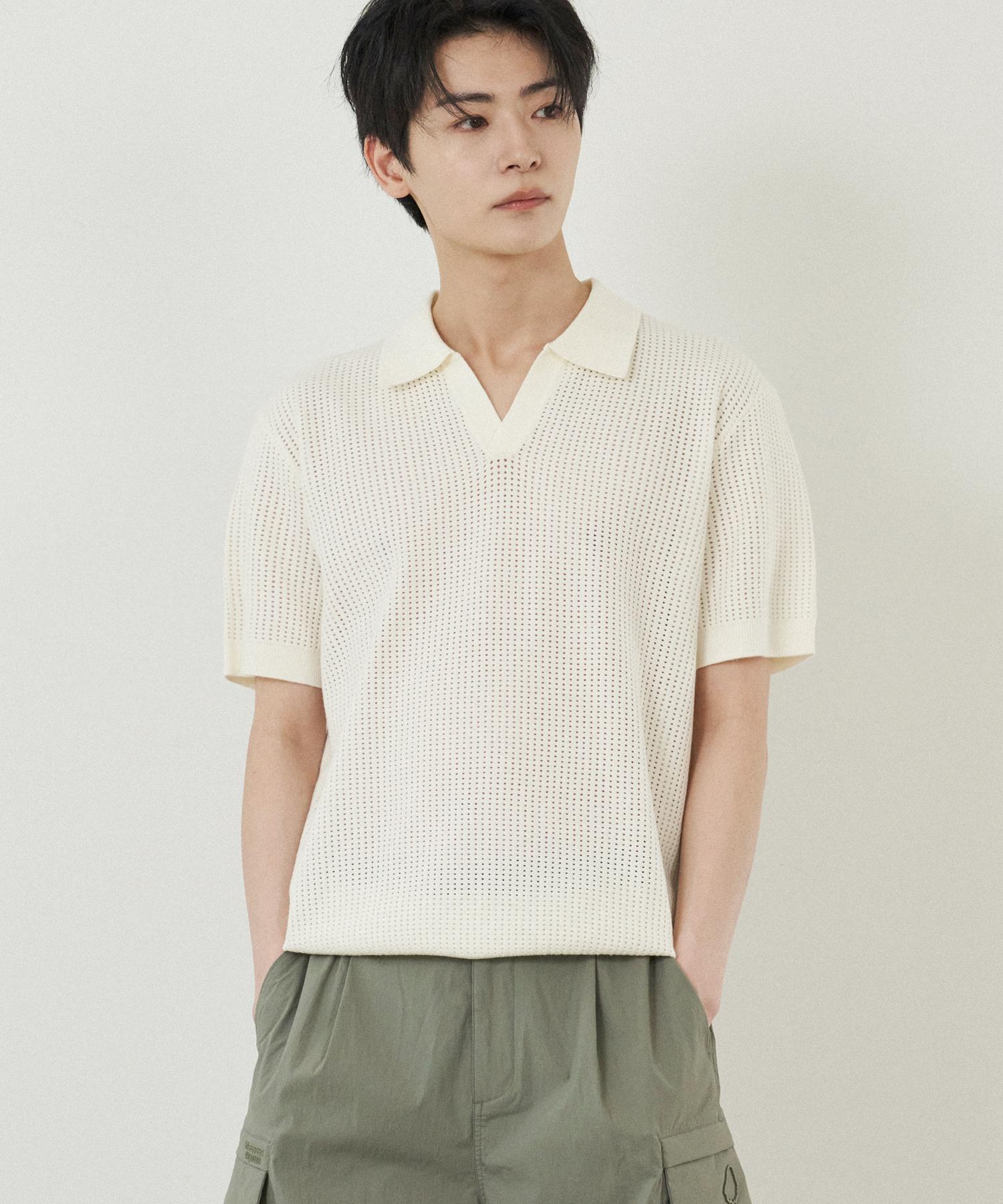 210 Edit Men S Punched Slit Collar Knit_Ze2Sw234_Crm Crm/095