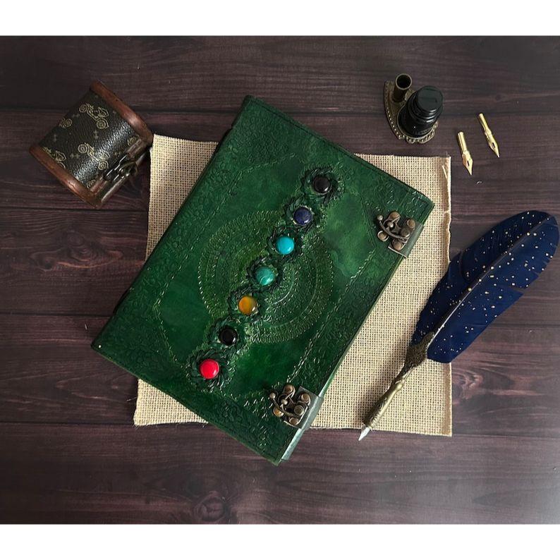 Seven stone Leather journal Handmade Embossed Vintage Leather Bound Green Notebook Sketchbook Diary Best Gift For Him