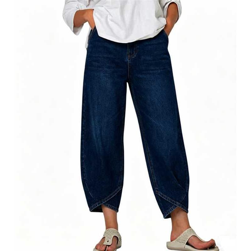 Womens Washed Wide Leg Cropped Denim Jeans Loose Fit Streetwear Casual Pants