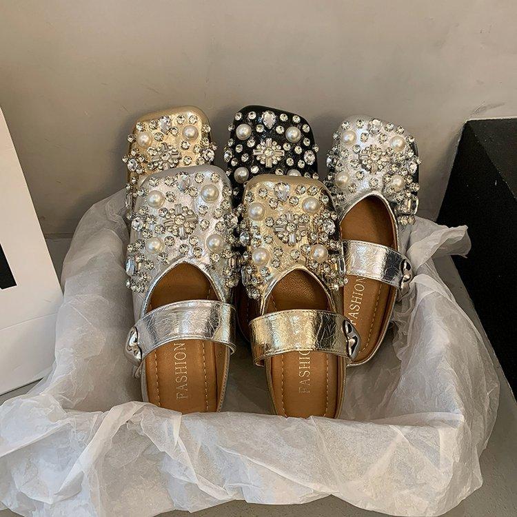 Baotou Half Slippers Women's Outer Wear 2025 New Summer Sandals Flat Bottom Mary Jane Rhinestone Retro Ins Shoes