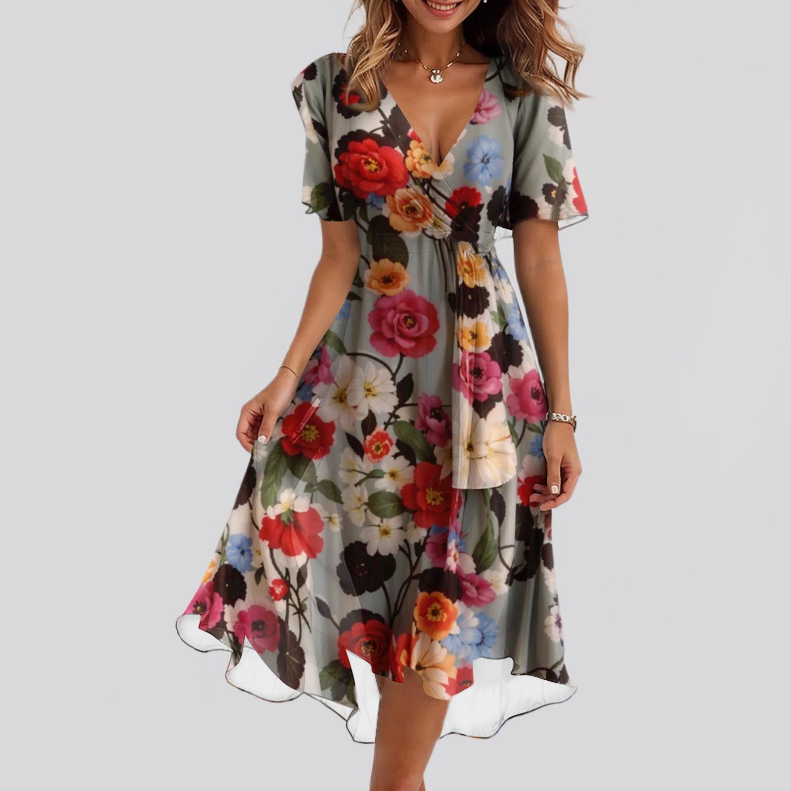

Ladies Casual And Fashionable Color V-neck Waist Cinching A-line Zipper Dress L