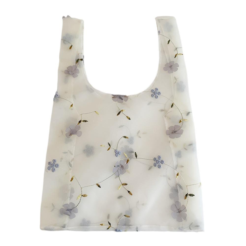 Double Organza Flower Embroidery Hand Bag Clear Jelly Light Material Mesh Shopping Bag Yarn Cloth Organza Tote Bag Shoulder Bag