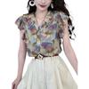 Retro Hong Kong Floral V-Neck Puff Sleeve Short-Sleeve Women's Shirt