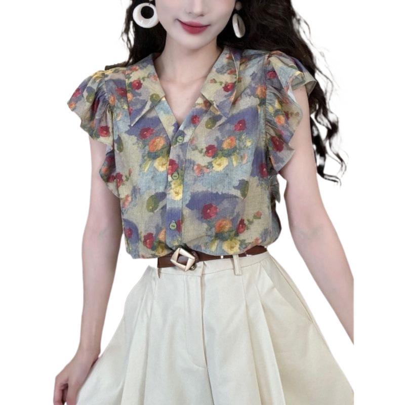 Retro Hong Kong Floral V-Neck Puff Sleeve Short-Sleeve Women's Shirt