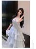 French Blue Glossy Camisole Cake Dress: Slimming Waist, Long Seaside Vacation Style for Girls' Birthday Parties