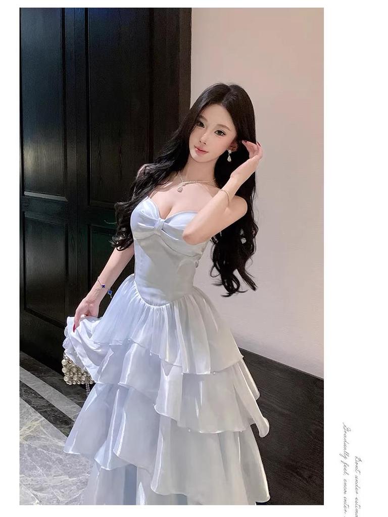 French Blue Glossy Camisole Cake Dress: Slimming Waist, Long Seaside Vacation Style for Girls' Birthday Parties