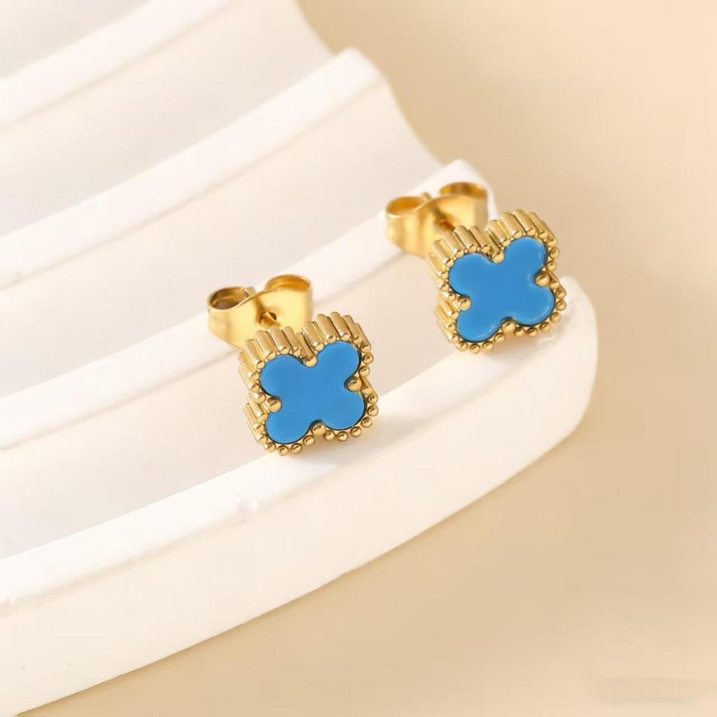 Piccoli Orecchini a Bottone Quadrifoglio 9MM, Acciaio al Titanio Oro 18K, Madreperla Resistente al Colore Gioielli di Moda da Donna.