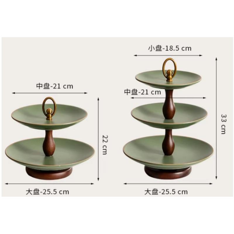 Green Double-layer Fruit Plate Ceramic Tray Snack Storage Box Double-layer Tray Desktop Container Kitchen Organizer Trays