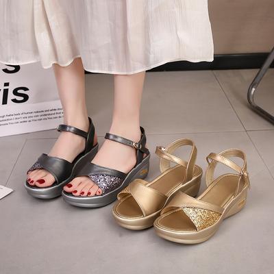 Mode Damen Sandalen Lässige Slingbacks Sandalen Sommer Glitzer Keilschuhe Keilabsatz Plateau Bequeme Sandalen Damen Sandalias De Mujer