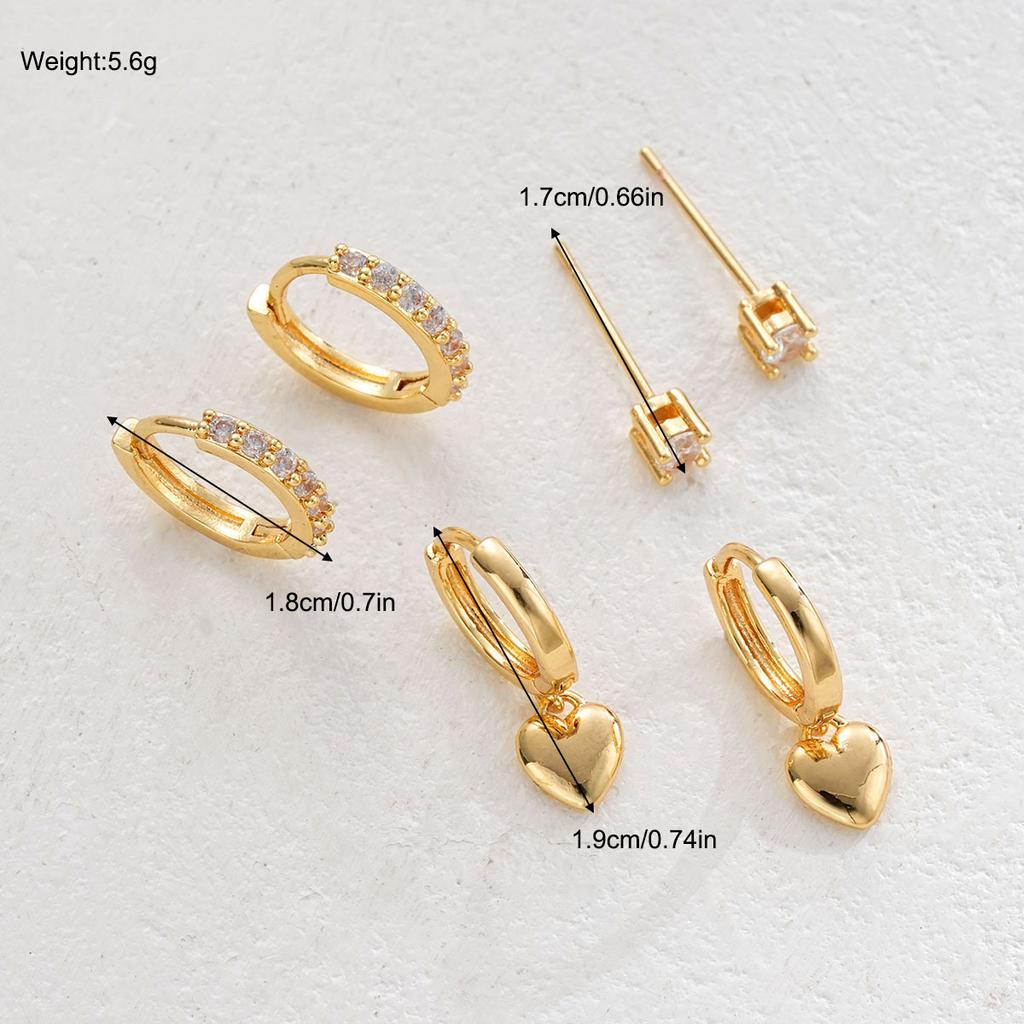 3 Pcs Exquisite Zircon Heart Earrings Set for Women Fashion Gold Plated Unique Cartilage Earring Piercing Daily Jewelry Gifs New