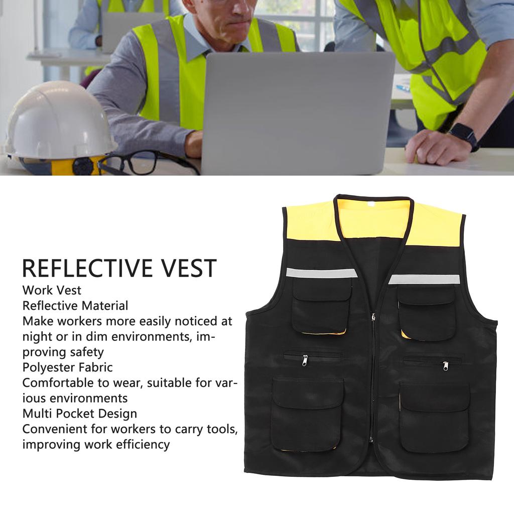 Work Vest Reflective Multi Pockets Practical Engineer Vest for Construction Site Mechanical Operation Black 3xl