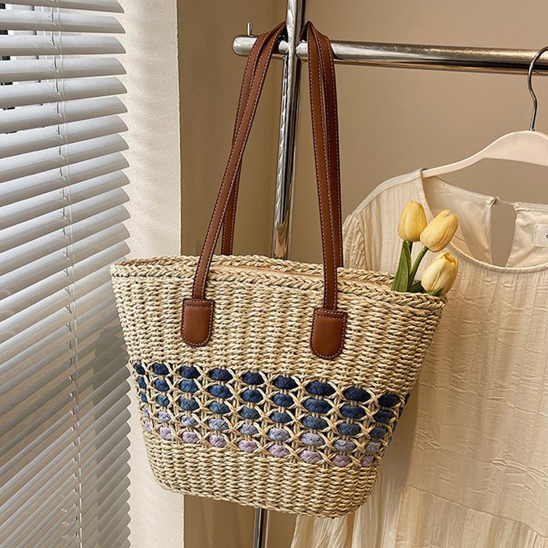 

Yogodlns Женская повседневная плетеная сумка-тоут из соломы ручной работы Летняя пляжная легкая плетеная большая вместимость на молнии На плечо/кроссбоди 39x14x26cm синий/бежевый