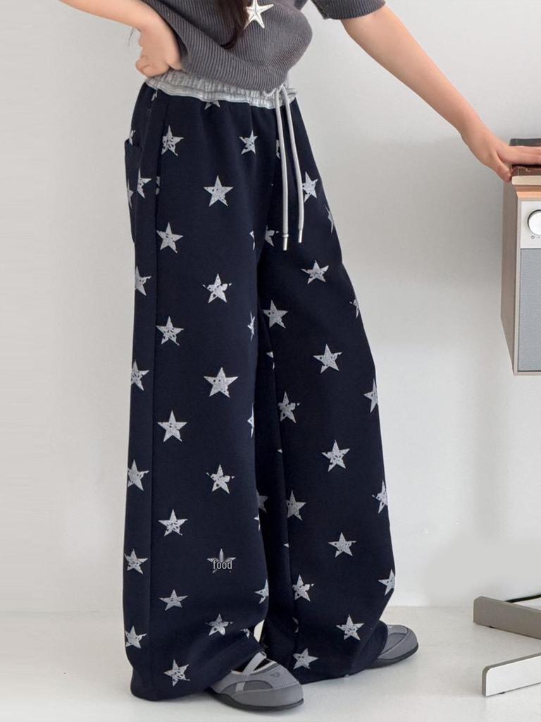 Girls' Wide-Leg Star Print Sweatpants - Trendy Casual for Spring & Autumn