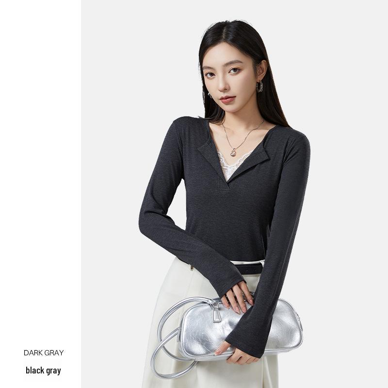 

Женская футболка с V-образным вырезом, кружевной вставкой, из смесовой шерсти, антибактериальная, с длинным рукавом L (110-130 lbs)