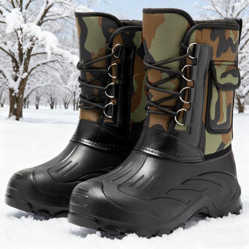 Herren Tarnung Mittelhohe Schneestiefel, Schnürung Dicke Sohle Fleecegefüttert Warm Outdoor Arbeit Baumwollschuhe