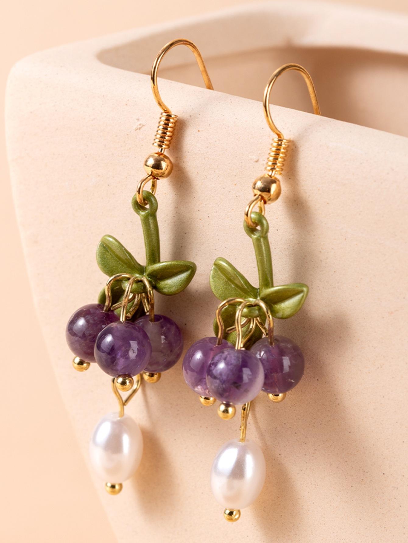 

New summer small fresh Mori literary purple grape pearl fringed literary fairy long earrings золотий