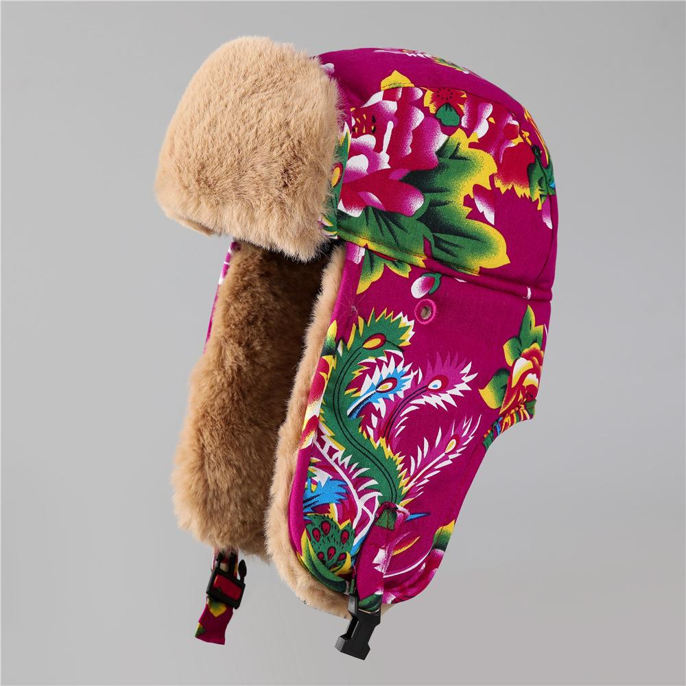 Ethnic Wind Big Flower Northeast Lei Feng Hat Women'S Winter Thickened Velvet Ear Protection Cotton Hat Outdoor Cold Cycling Windproof Hat