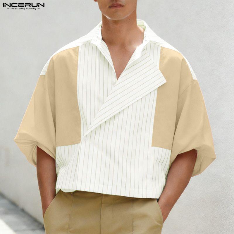 INCERUN Summer Men Lapel Neck Short Sleeve Striped Splicing Casual Short Cropped Shirts