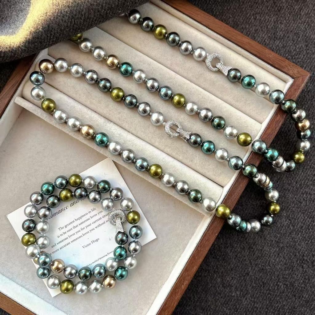 Vintage High-Quality High-Gloss Morandi Color Faux Crystal Tahitian Malachite Green Pearl Necklace Collarbone